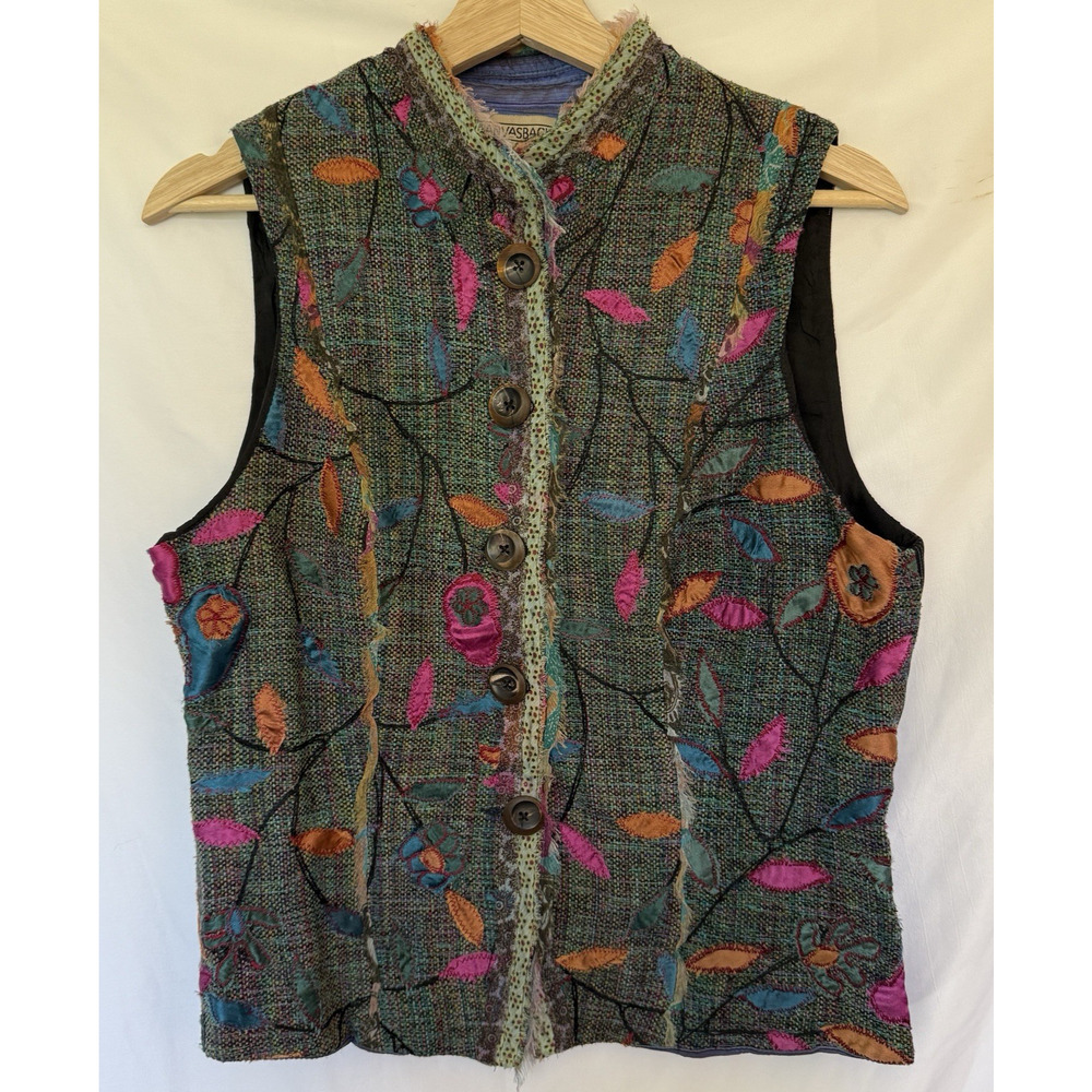 Vtg Art to Wear Vest Mixed Media Wooden Buttons Size 10 Frayed Silk BoHo Concert